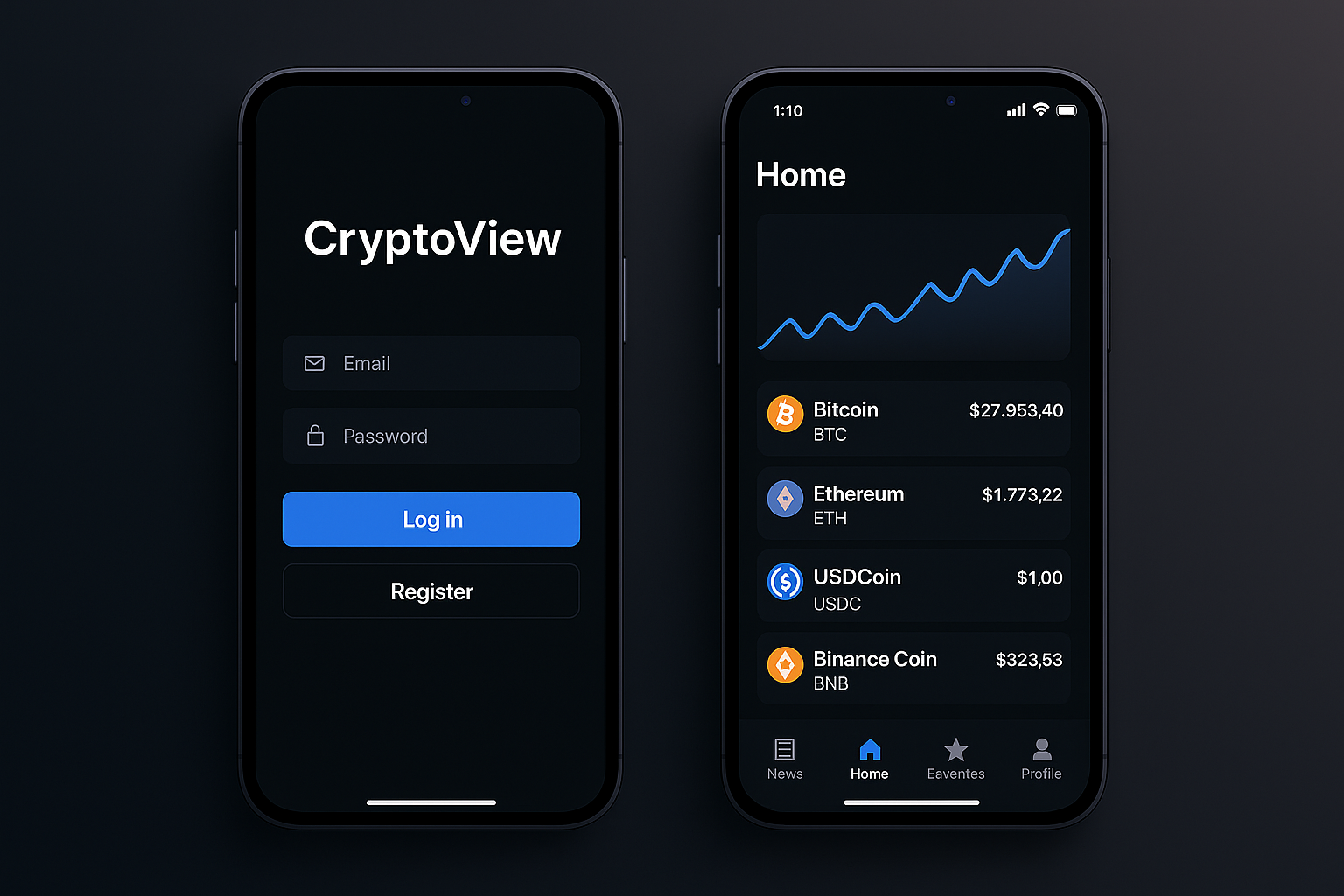 CryptoView app mock-up (home, news, favorites)